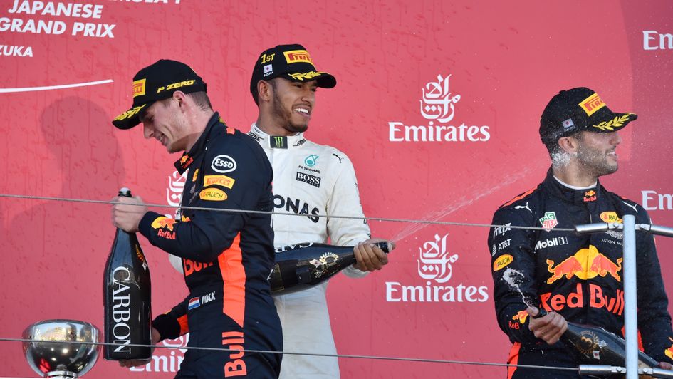 Lewis Hamilton celebrates victory at Suzuka
