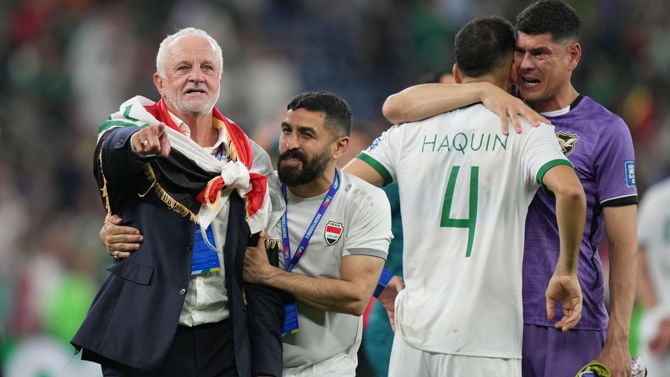 Iraq manager Graham Arnold celebrating qualification