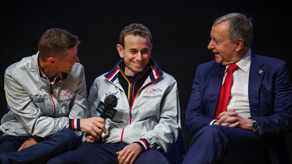 Winfried Engelbrecht-Bresges shares a joke with Ryan Moore and James McDonald (Alex Evers for HKJC)