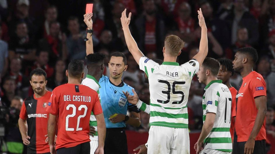 Celtic's Ivorian forward Vakoun Issouf Bayo sent off in the Europa League at Rennes
