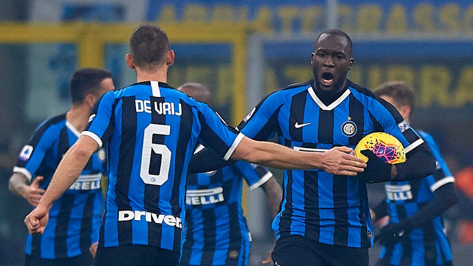 Romelu Lukaku celebrates scoring for Inter