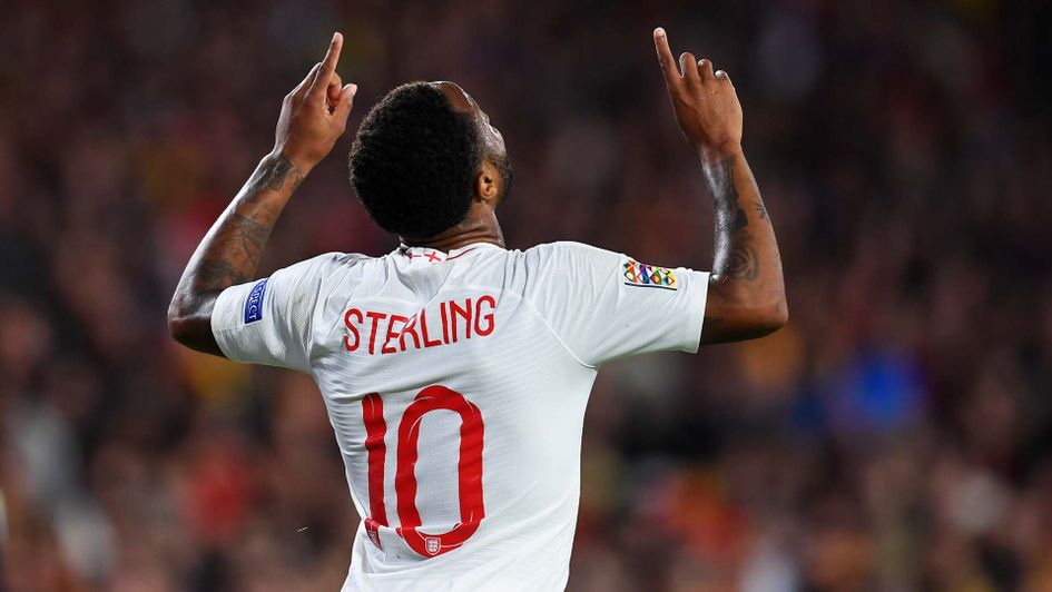 Raheem Sterling celebrates scoring for England