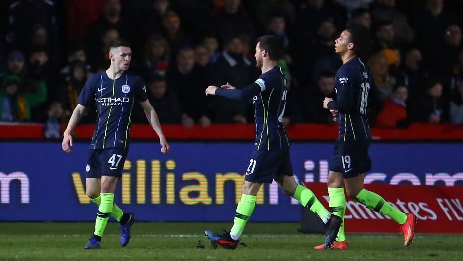 Manchester City celebrate Phil Foden's first of two goals against Newport