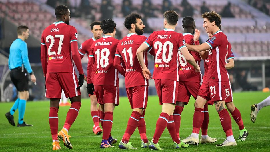 Liverpool celebrate Mohamed Salah's goal against Midtjylland