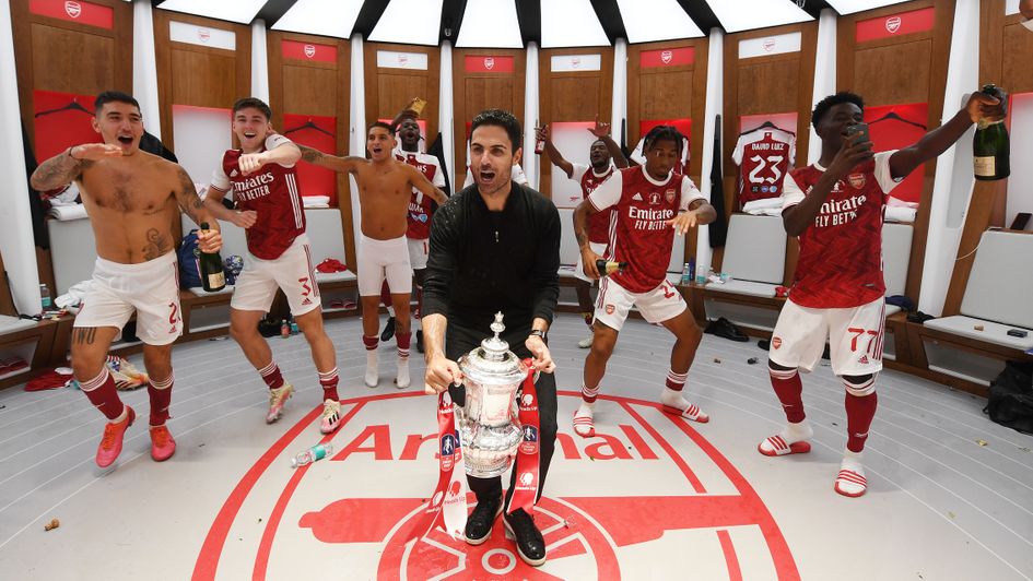 Mikel Arteta: Arsenal boss celebrates FA Cup win with his players