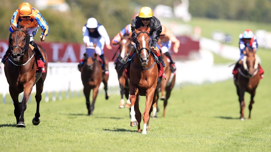 Stradivarius (yellow cap) beats Torcedor to win the Qatar Goodwood Cup