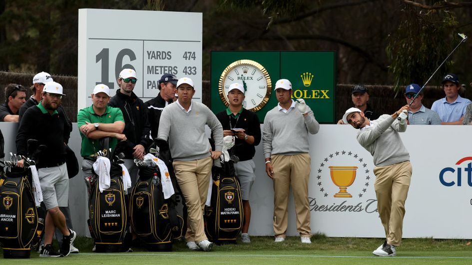 Hideki Matsuyama (centre) and Abraham Ancer (teeing off) at the Presidents Cup