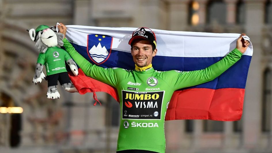 Primoz Roglic celebrates