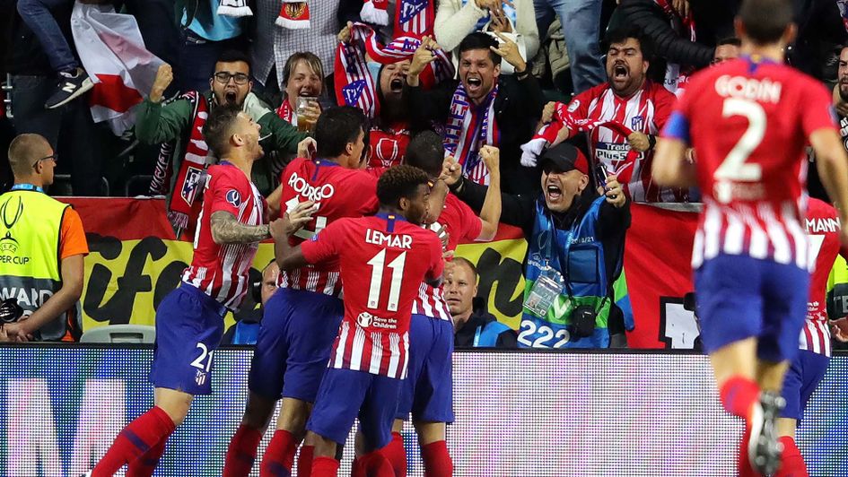 Atletico Madrid celebrate a goal aganst Real Madrid in the Super Cup