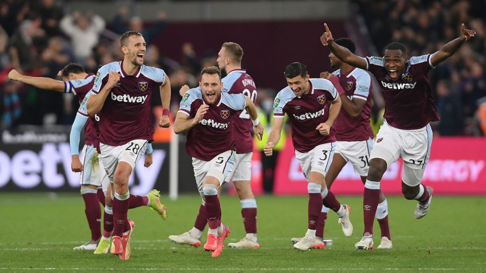 West Ham celebrate their penalties victory over Manchester City