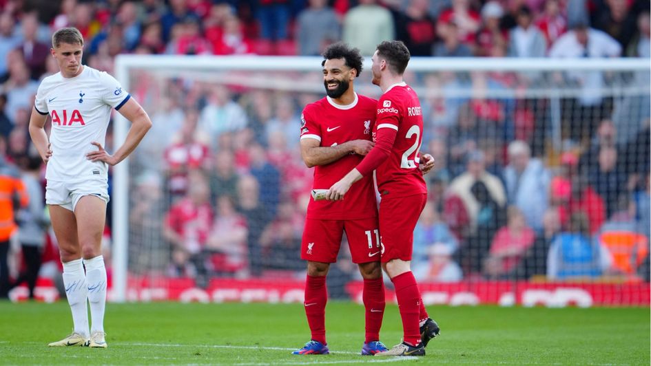 Mo Salah (left) and Andy Robertson celebrate in Liverpool's 4-2 win over Tottenham