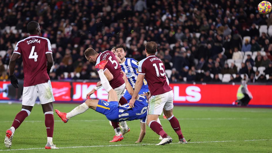 Neal Maupay scores an overhead kick against West Ham