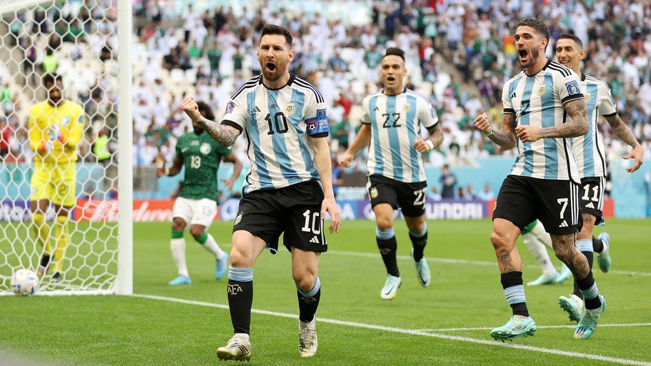 Lionel Messi celebrates his goal against Saudi Arabia