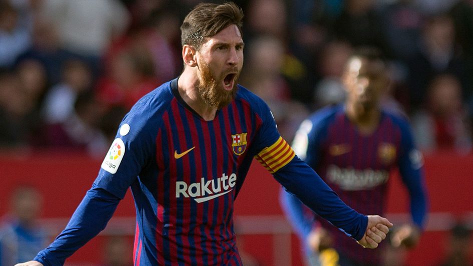 Lionel Messi celebrates his 50th hat trick during Barcelona's 4-2 win over Sevilla