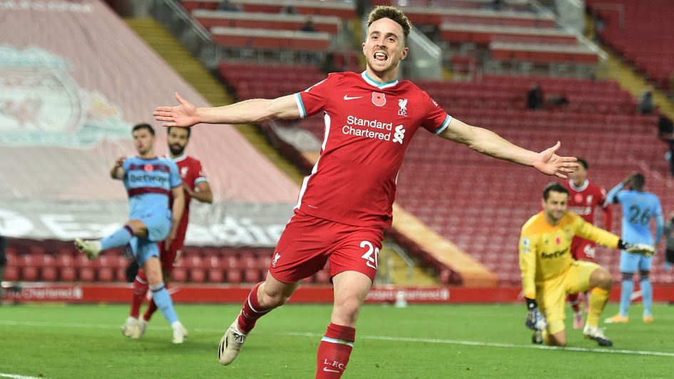 Diogo Jota celebrates his late winning goal for Liverpool against West Ham