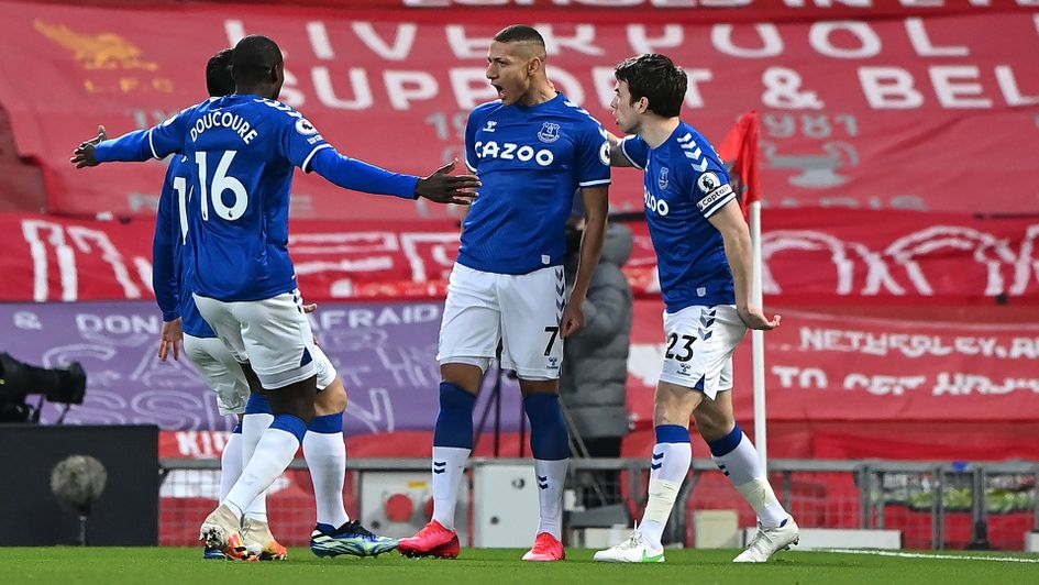 Everton celebrate Richarlison's opener against Liverpool