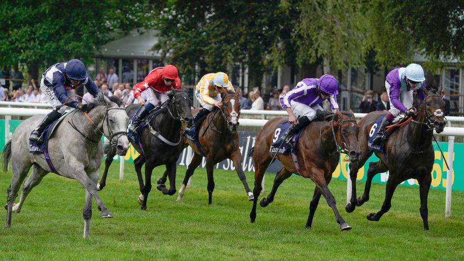 Snow Lantern (left) comes through to win a dramatic Falmouth Stakes