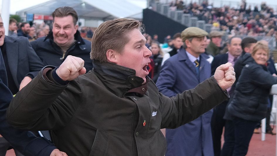 Trainer Dan Skelton watches the Greatwood Hurdle at Cheltenham