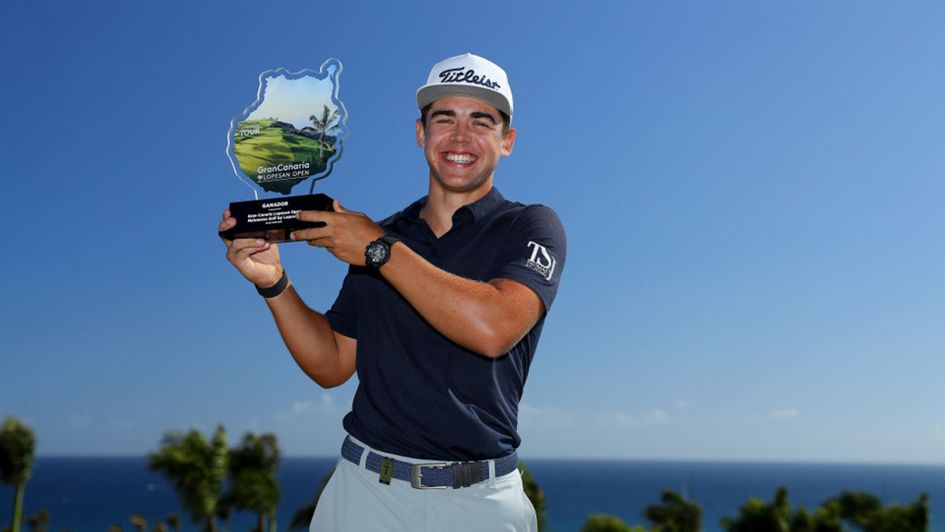 Garrick Higgo celebrates after winning the Gran Canaria Lopesan Open