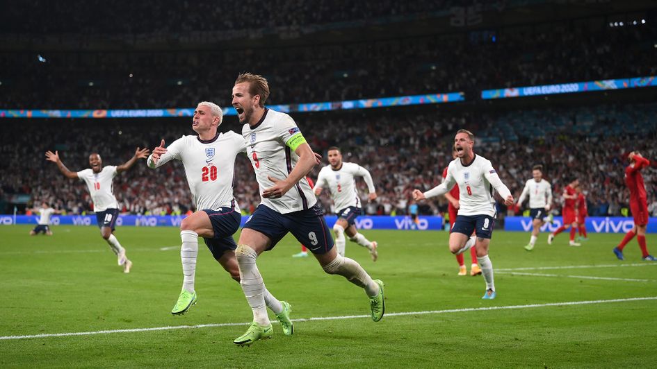 Harry Kane celebrates his goal against Denmark at Euro 2020