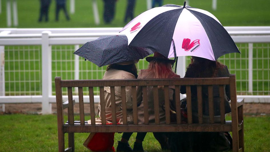 Racegoers shelter from the rain