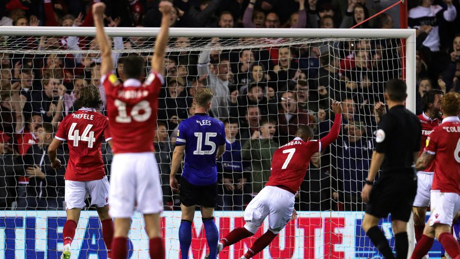 Lewis Grabban celebrates after scoring for Nottingham Forest in the Sky Bet Championship