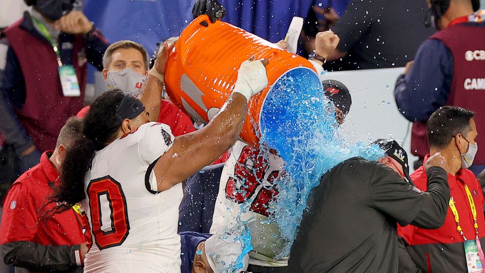 Vita Vea and William Gholston give Tampa Bay Buccaneers head coach Bruce Arians a Gatorade shower