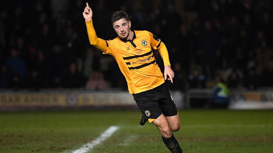 Newport County's Padraig Amond celebrates his goal against Manchester City
