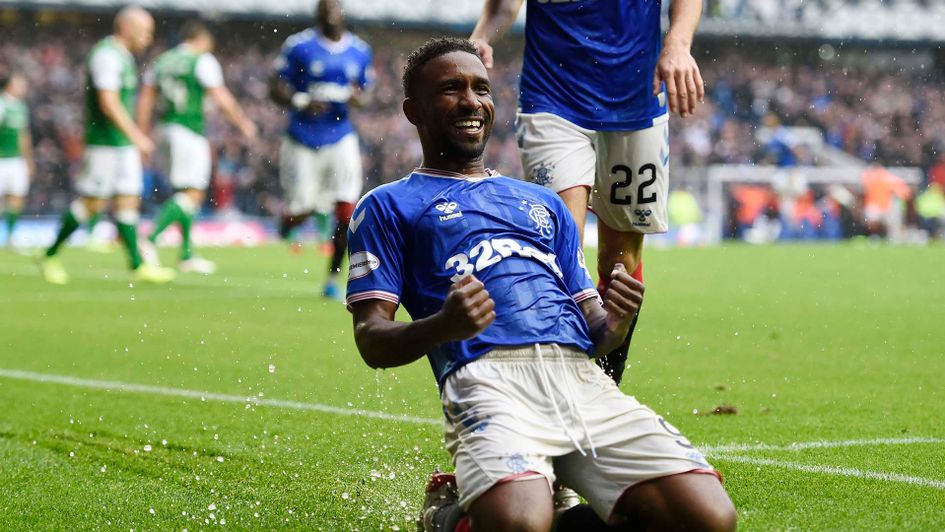 Jermain Defoe celebrates scoring for Rangers