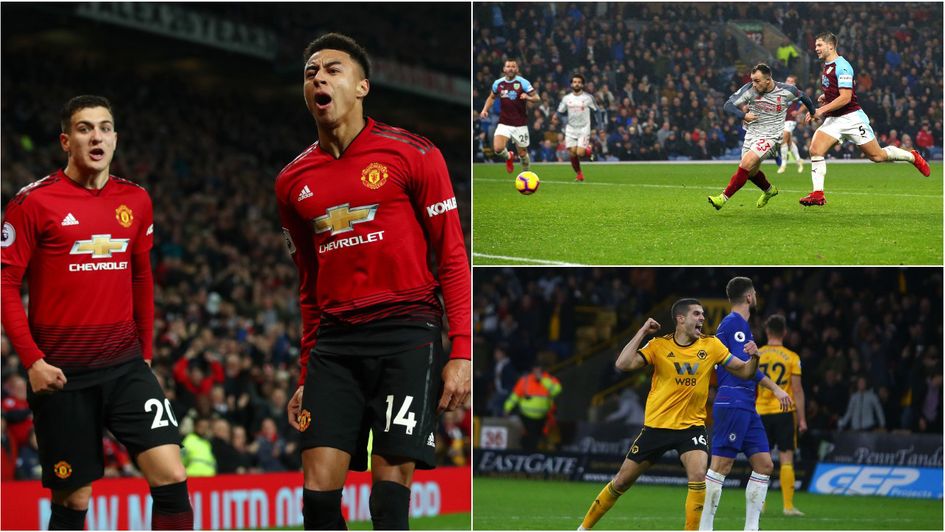 Clockwise from left: Jesse Lingard equalises for Man United, wins for Liverpool and Wolves