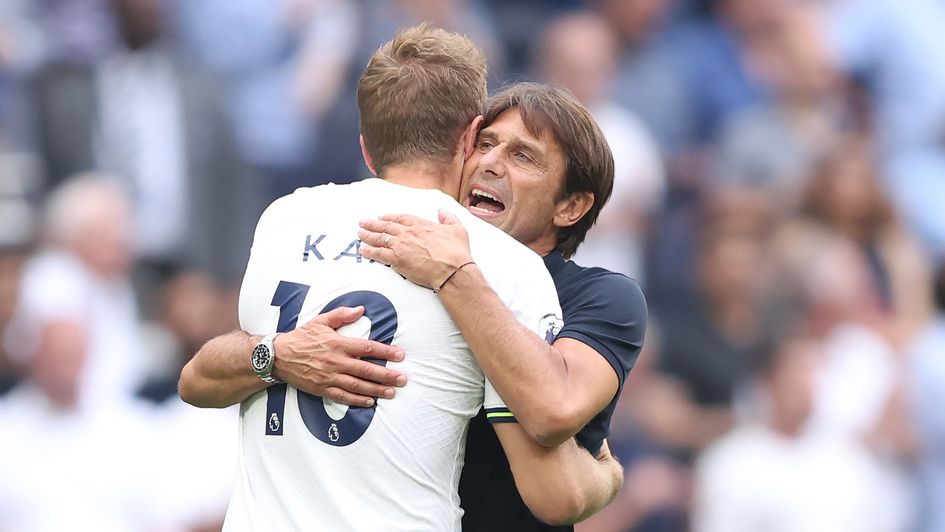 Tottenham manager Antonio Conte embraces Harry Kane