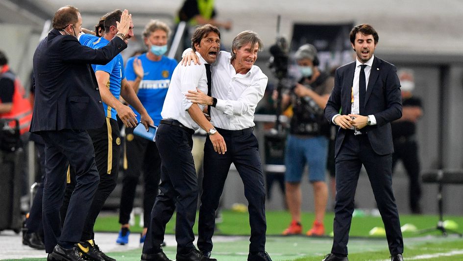 Celebrations for Inter Milan boss Antonio Conte in the Europa League quarter-final victory over Bayer Leverkusen
