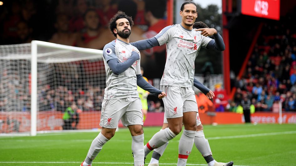 Mo Salah celebrates his second goal for Liverpool at Bournemouth