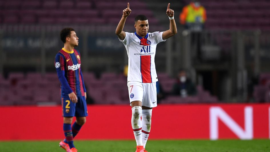 Kylian Mbappe celebrates his goal against Barcelona