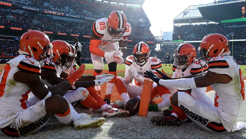 The Cleveland Browns celebrate scoring a touchdown in the NFL