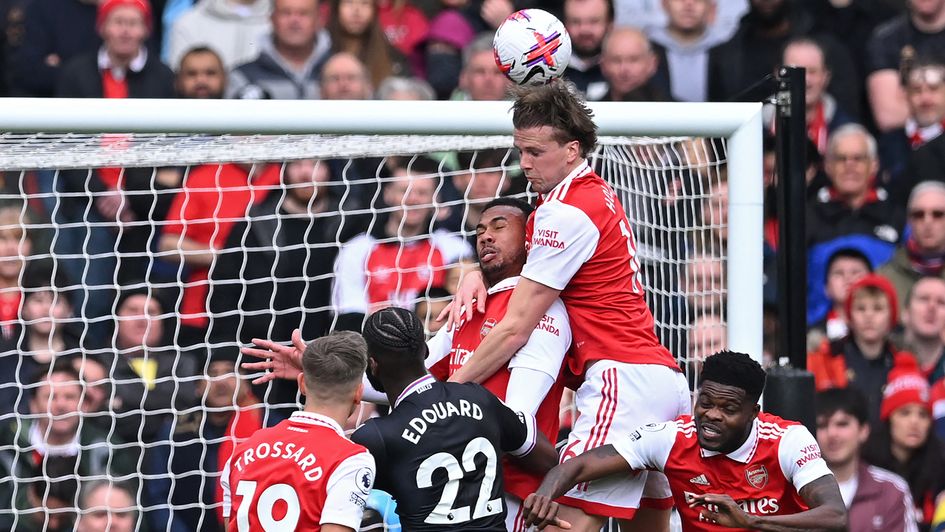 Rob Holding wins a header against Crystal Palace