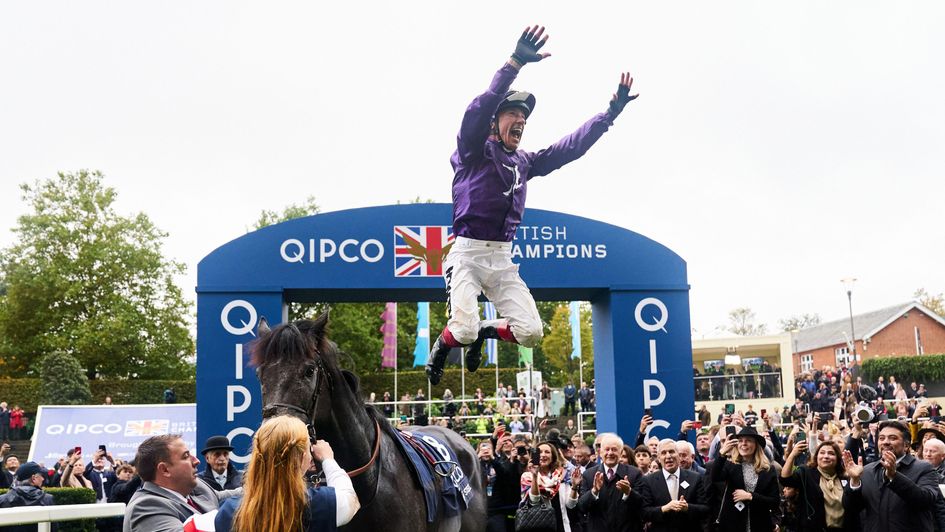 Frankie Dettori jumps for joy after winning on King Of Steel
