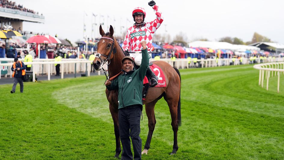 Nico de Boinville celebrates on Jango Baie at Aintree after winning the Bowl