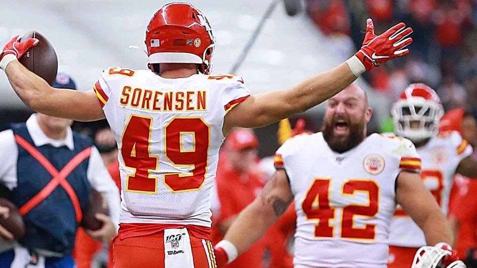 Defensive back Daniel Sorensen of the Kansas City Chiefs celebrates with Anthony Sherman