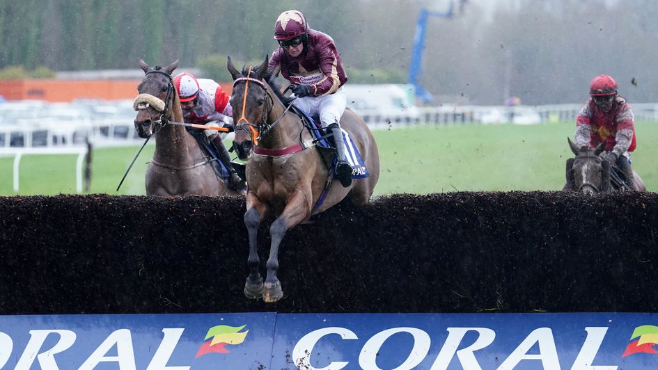The Two Amigos leads over the last in the Coral Welsh Grand National
