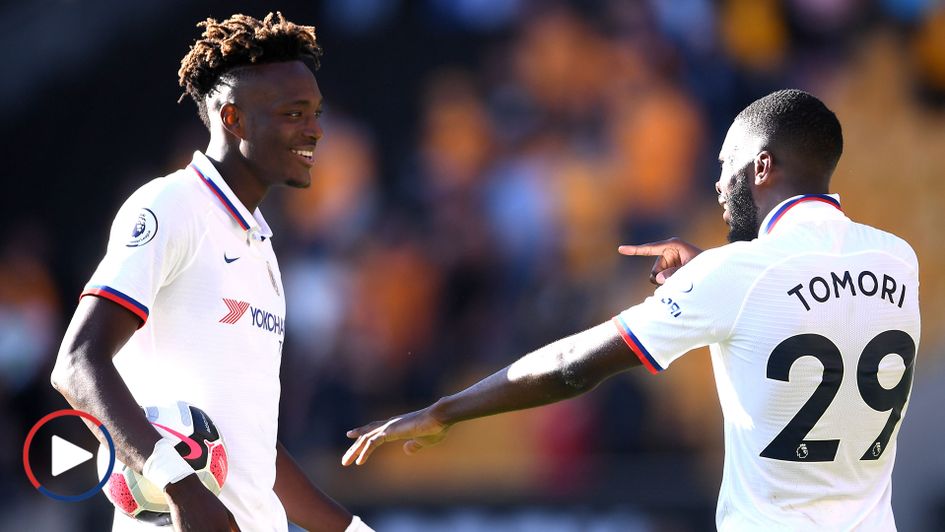 Tammy Abraham, left, is congratulated by Fikayo Tomori after completing his hat-trick for Chelsea