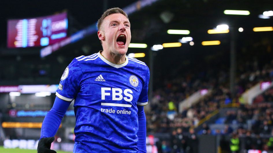 Jamie Vardy celebrates Leicester's second goal against Burnley