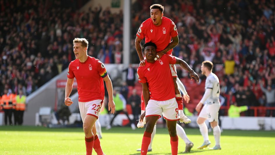 Nottingham Forest celebrate Taiwo Awoniyi's goal against Liverpool
