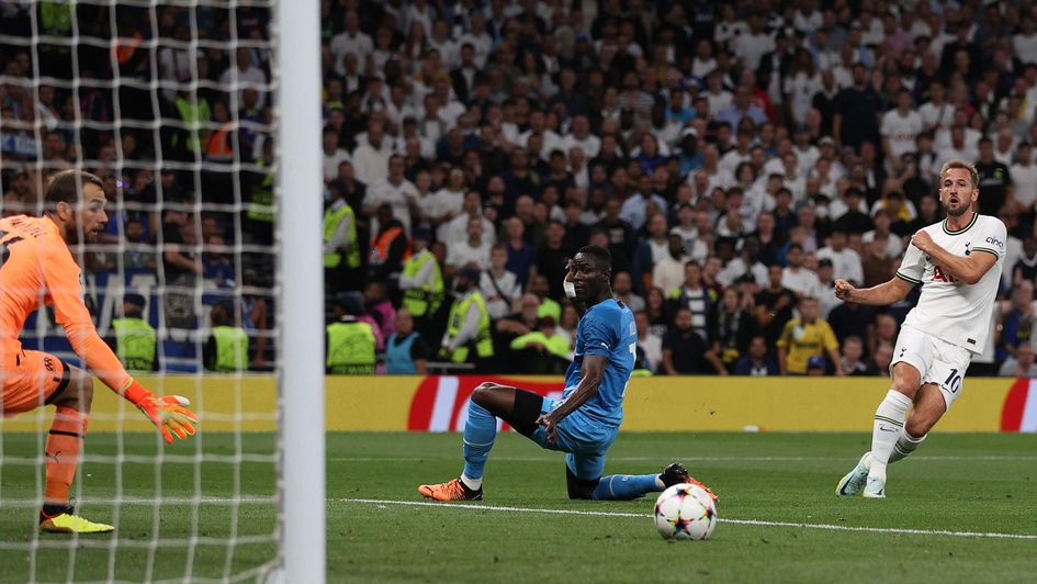 Harry Kane has an effort on goal against Marseille