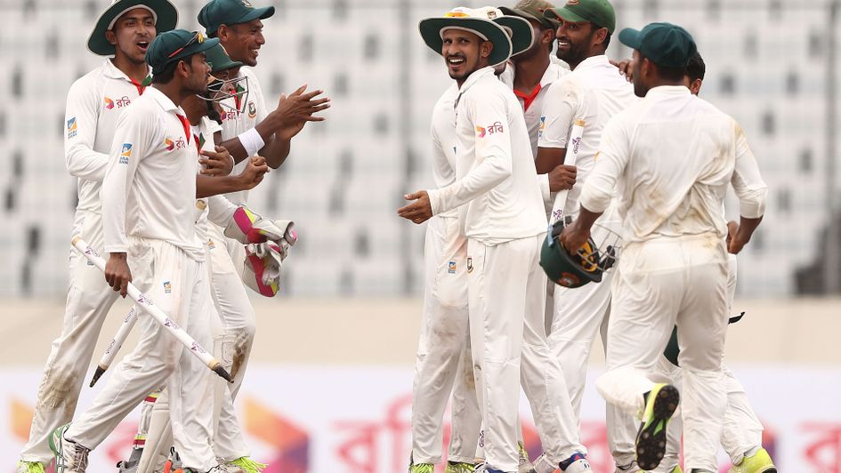 Bangladesh celebrate after winning the first Test
