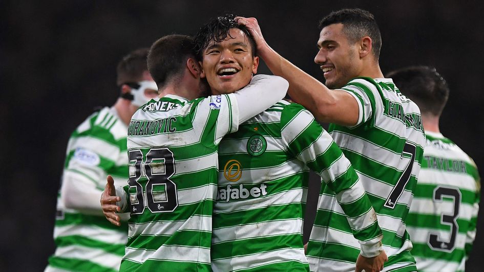 Celtic's Reo Hatate celebrates a goal against Rangers