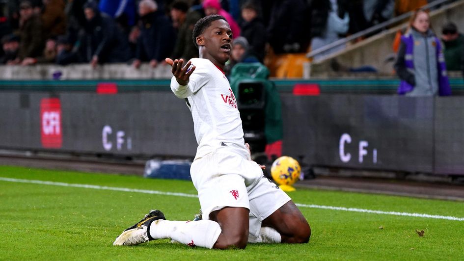 Kobbie Mainoo celebrates his goal against Wolves