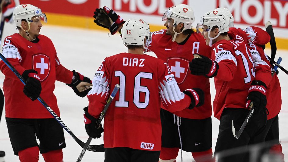 Switzerland celebrate a goal at the 2021 IIHF World Championships