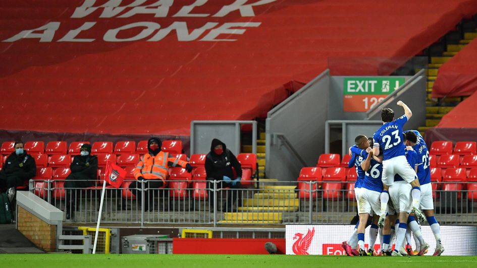 Everton celebrate during victory over Liverpool