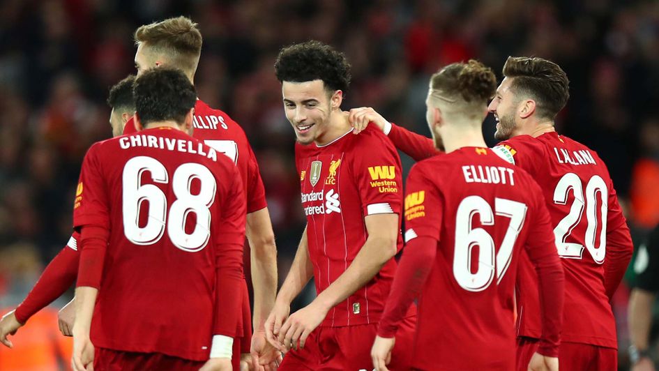 Curtis Jones celebrates scoring for Liverpool in the FA Cup